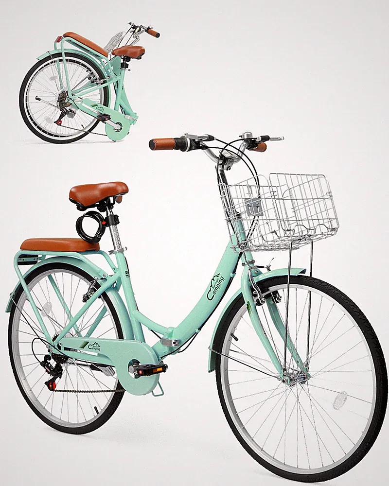 24 Inch Foldable Bike Folding Bicycle,7 Speed Foldable Basket Cruiser Bicycle