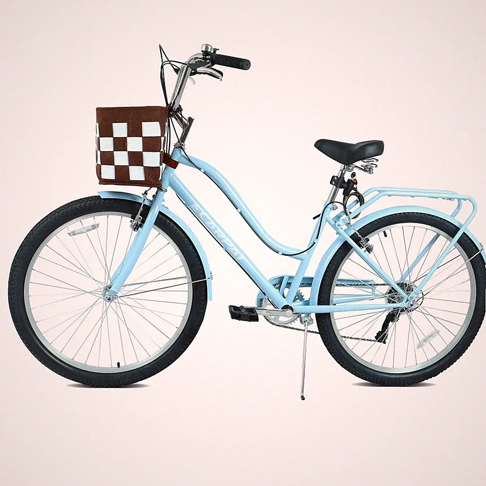26" 7-Speed Urban Commuter Bike Detachable Basket Lock V Brake City Blue Bicycle