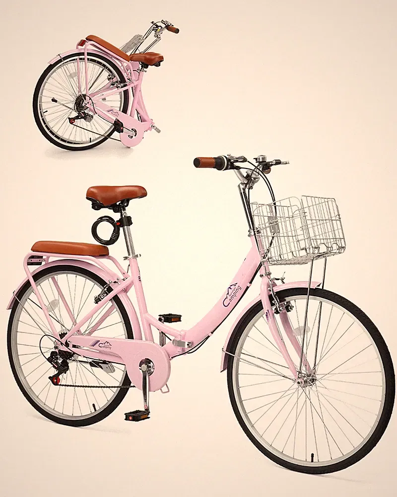 26 Inch Foldable Bike Folding Bicycle,7 Speed Foldable Basket Cruiser Bicycle