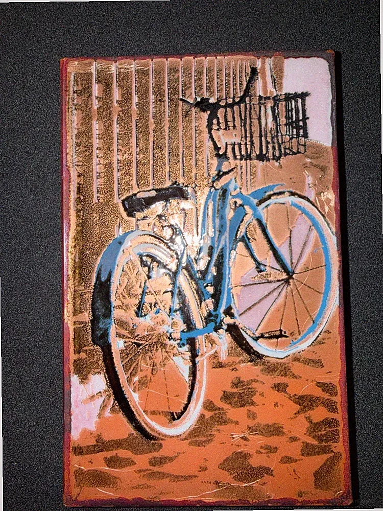 Houston Llew Spiritile #340 "Joyride" 2021 Glass on Copper Art Tile Bicycle